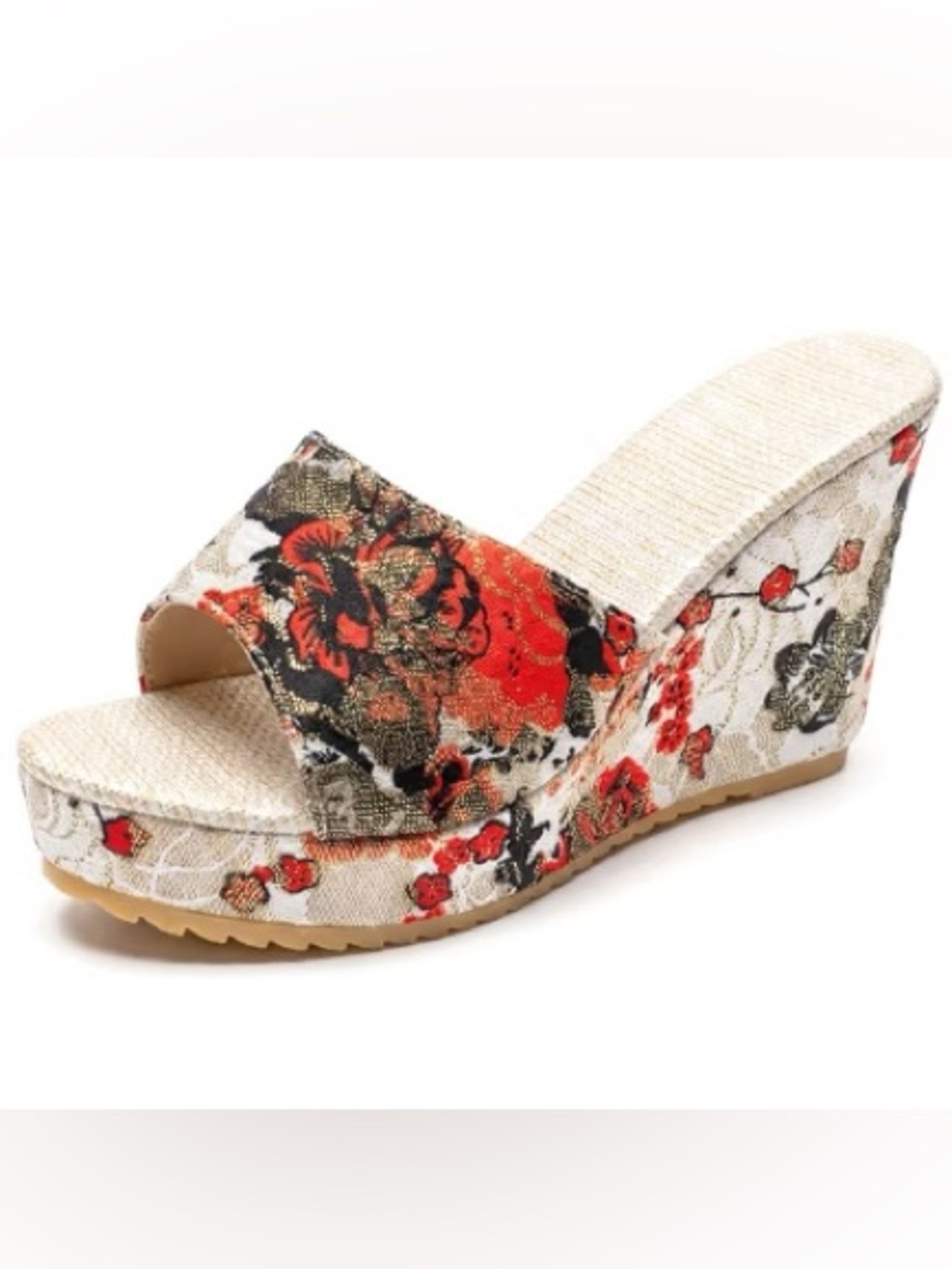 Floral Red, black and gold Slide Wedges